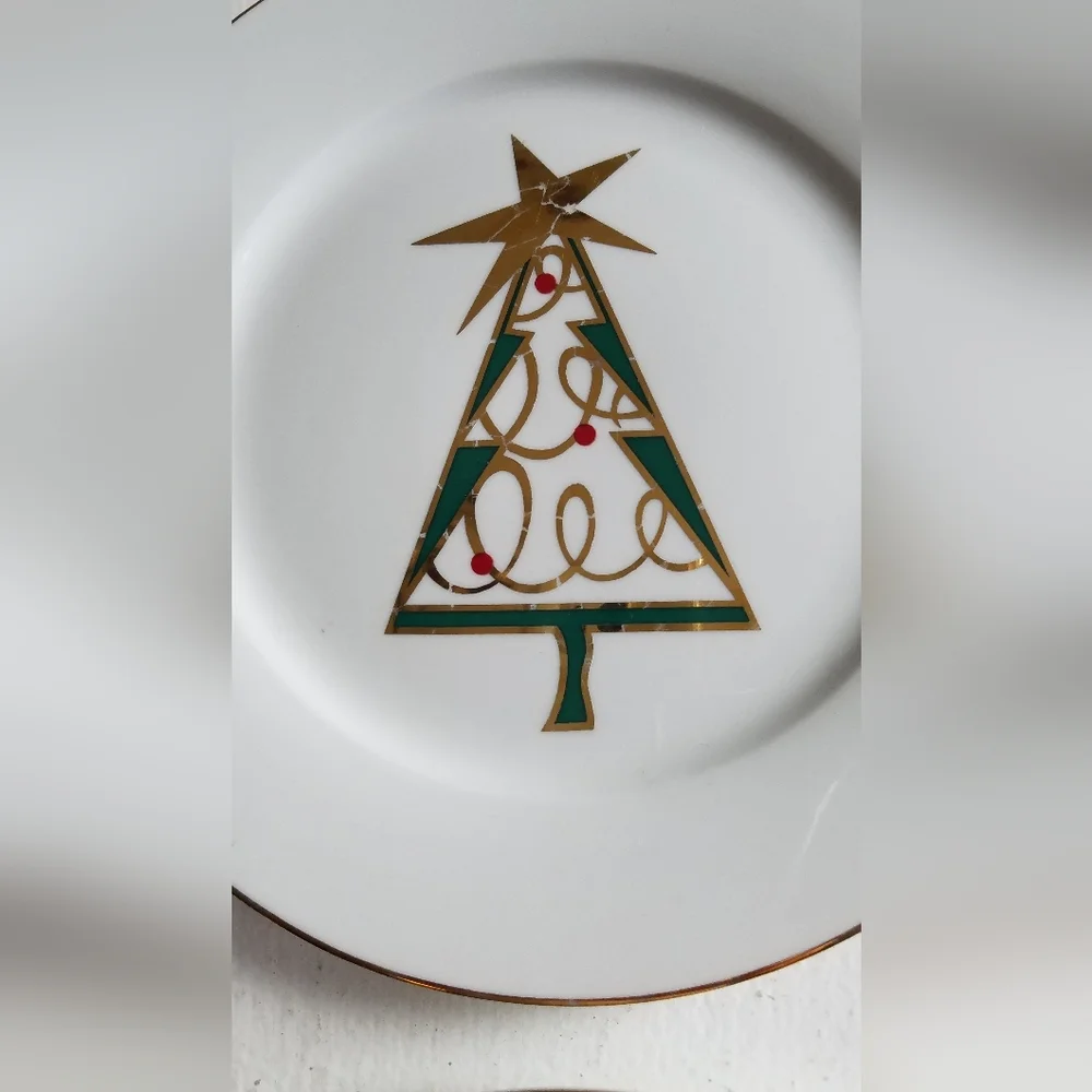 Set of 4 Pier 1 Porcelain Christmas Tree Salad Plates